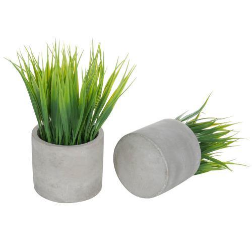 Artificial Green Grass in Gray Cement Pots, Set of 2 - MyGift
