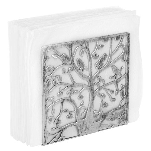 Distressed Silver Tone Tree & Bird Design Napkin Holder-MyGift