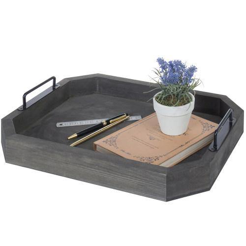 Vintage Gray Wood Serving Tray w/ Metal Handles - MyGift