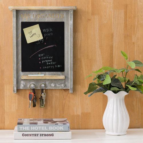 Vintage Gray Wood Entryway Organizer w/ Hooks & Chalkboard - MyGift