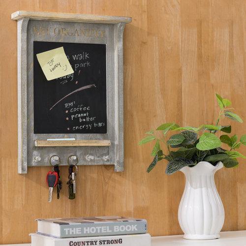 Vintage Gray Wood Entryway Organizer w/ Hooks & Chalkboard - MyGift