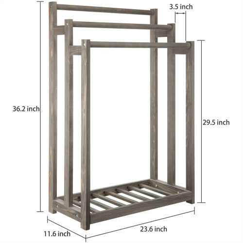 Gray Wood 3-Bar Towel Rack w/ Bottom Shelf-MyGift