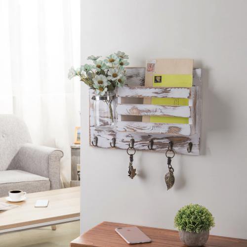 Whitewashed Wood Mail Sorter with Hooks & Mason Jar - MyGift