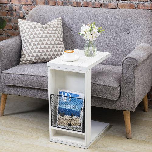 Vintage White C-Table with Metal Wire Magazine Holder - MyGift