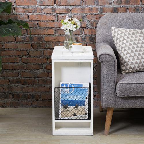 Vintage White C-Table with Metal Wire Magazine Holder - MyGift