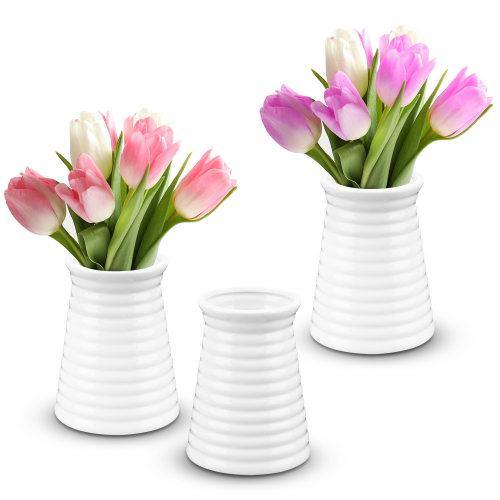 Small Ribbed Design White Ceramic Vase, Set of 3 - MyGift