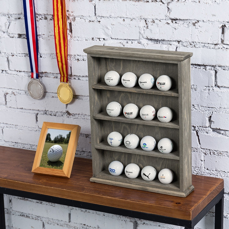 4-Tier Gray Wood Wall Mounted or Tabletop Golf Ball Display Case, Ball Holder Shelf Rack