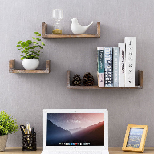 Wall Mounted Wood U-Shaped Floating Shelves, Set of 3, Brown-MyGift