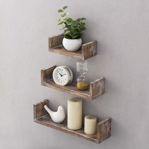 Wall Mounted Wood U-Shaped Floating Shelves, Set of 3, Brown-MyGift