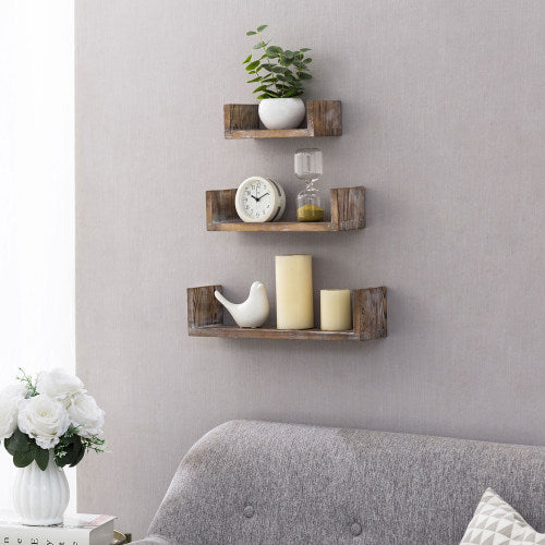 Wall Mounted Wood U-Shaped Floating Shelves, Set of 3, Brown-MyGift