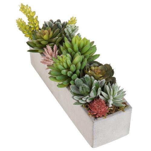 long faux succulent planter Decorative Artificial Succulent Plant Arrangement with Rectangular Gray Wood Plant Pot