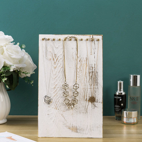 Shabby Chic Whitewashed Wood Necklace Display w/ Brass Hooks-MyGift