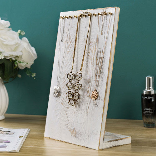 Shabby Chic Whitewashed Wood Necklace Display w/ Brass Hooks-MyGift