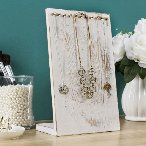 Shabby Chic Whitewashed Wood Necklace Display w/ Brass Hooks-MyGift