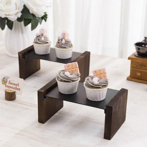 Dark Brown Burnt Wood & Matte Black Metal Dessert Display, Set of 2 - MyGift