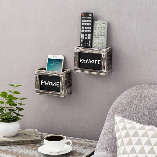 Torched Wood Remote Control Holder w/ Chalkboard, Set of 2 - MyGift