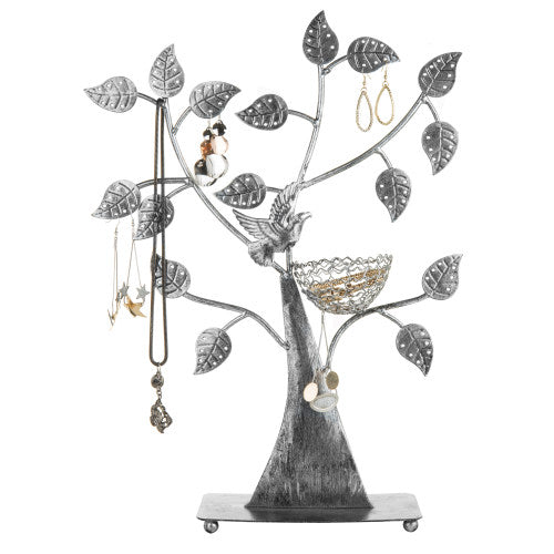 Silver Metal Tabletop Jewelry Tree with Bird Nest-MyGift
