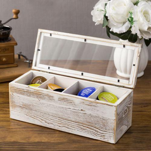 Shabby Whitewashed Wood Tea and Coffee Organizer Box with Clear Lid - MyGift