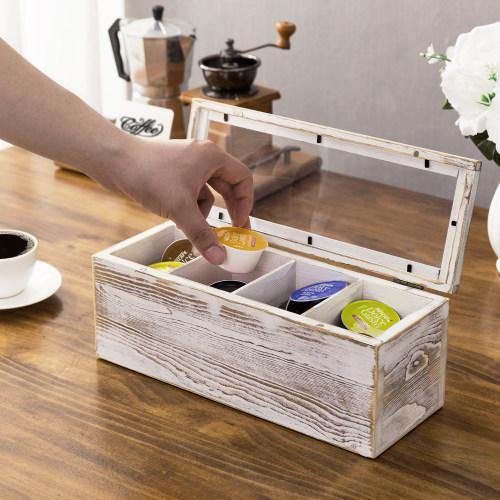 Shabby Whitewashed Wood Tea and Coffee Organizer Box with Clear Lid - MyGift