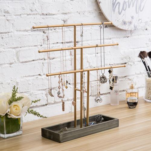 Gold Metal Jewelry Organizer Stand with Gray Wood Ring Tray - MyGift