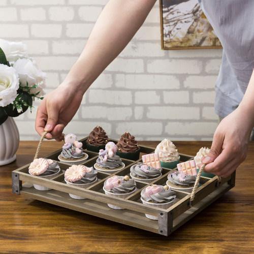 Distressed Wood  12 Slot Tray w/ Corner Wraps & Rope Handles - MyGift