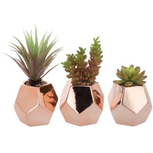 rose gold potted plant Artificial Succulents in Geometric Rose Gold Ceramic Plant Pots, Set of 3