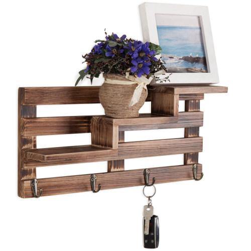Rustic Burnt Wood Entryway Shelf w/ Key Hooks - MyGift