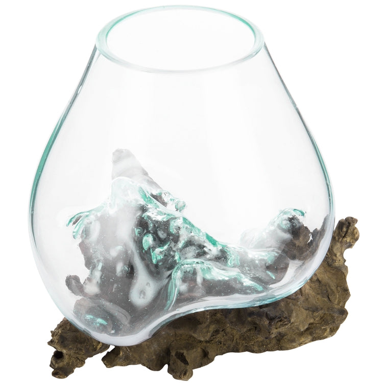 Large Natural Driftwood & Clear Molten Glass Bowl-MyGift