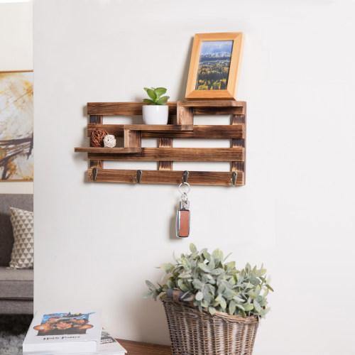 Rustic Burnt Wood Entryway Shelf w/ Key Hooks - MyGift