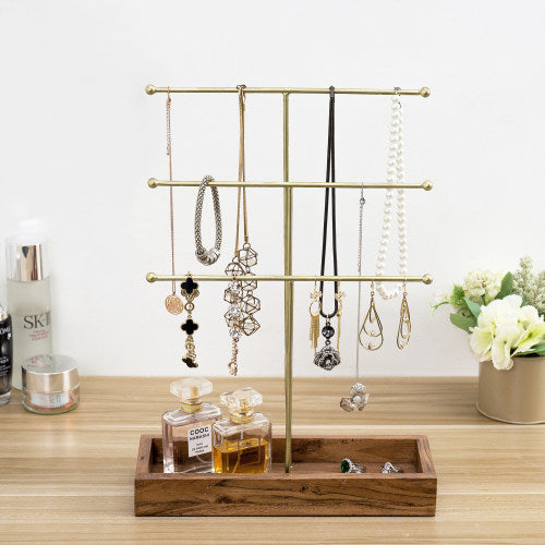 Brass Metal Jewelry Stand w/ Acacia Wood Ring Tray-MyGift