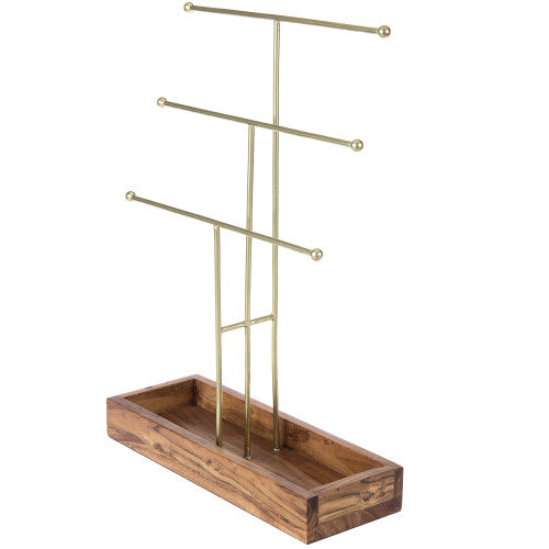 Brass Metal Jewelry Stand w/ Acacia Wood Ring Tray-MyGift