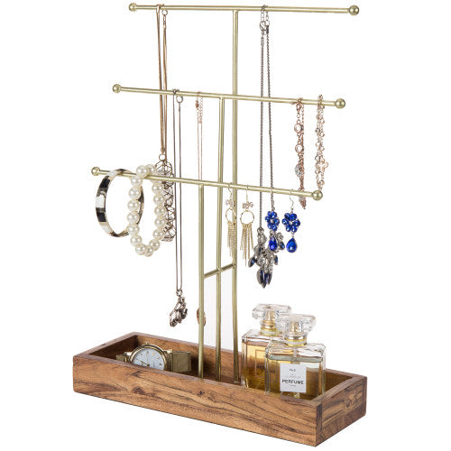 Brass Metal Jewelry Stand w/ Acacia Wood Ring Tray-MyGift