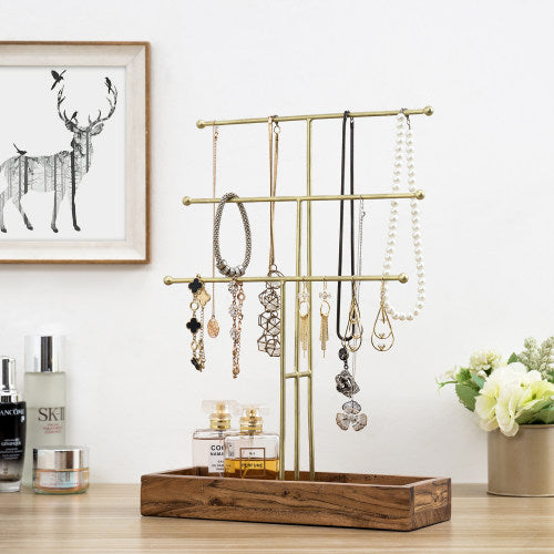Brass Metal Jewelry Stand w/ Acacia Wood Ring Tray-MyGift