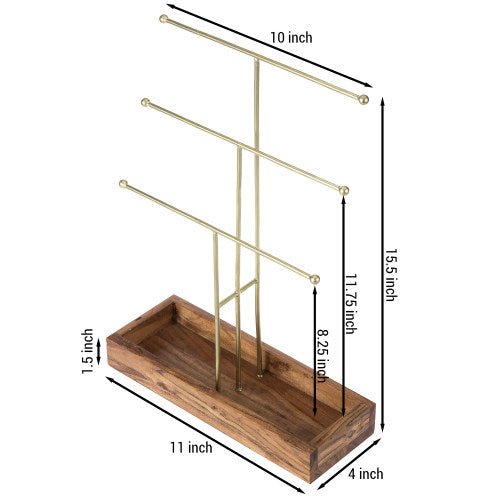 Brass Metal Jewelry Stand w/ Acacia Wood Ring Tray-MyGift