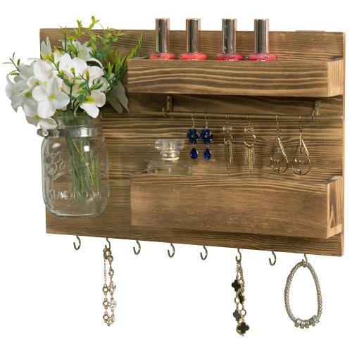 Brown Burnt Wood and Brass Metal Jewelry Organizer with Mason Jar - MyGift