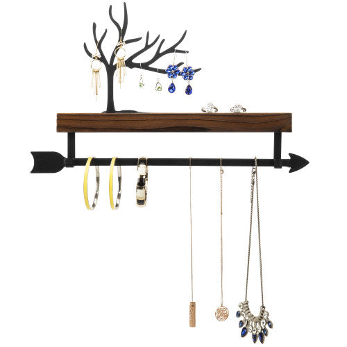 Burnt Wood/Black Metal Tree and Arrow Design Jewelry Rack-MyGift