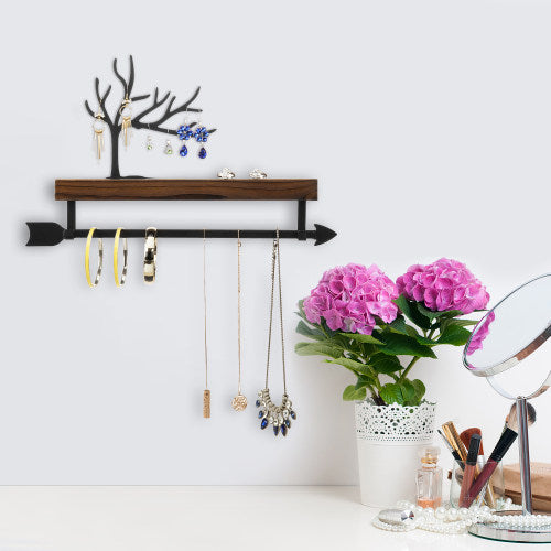 Burnt Wood/Black Metal Tree and Arrow Design Jewelry Rack-MyGift