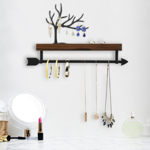 Burnt Wood/Black Metal Tree and Arrow Design Jewelry Rack-MyGift