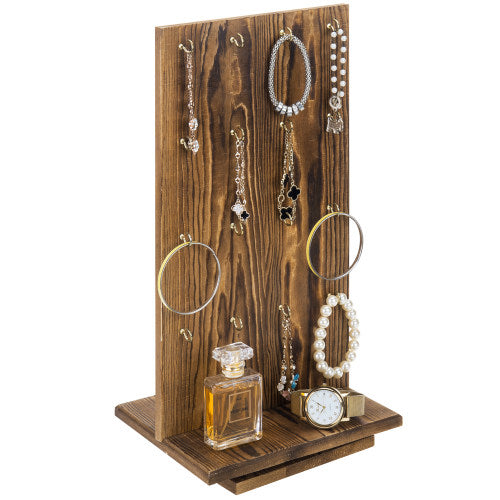 Rotating Rustic Burnt Wood Jewelry Stand w/ Hooks-MyGift