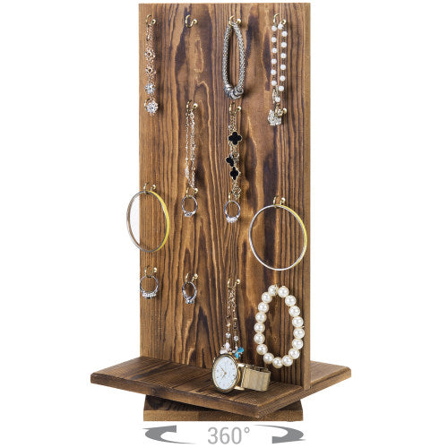Rotating Rustic Burnt Wood Jewelry Stand w/ Hooks-MyGift