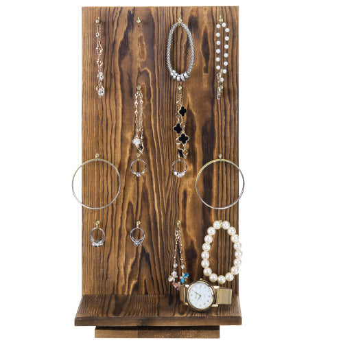 Rotating Rustic Burnt Wood Jewelry Stand w/ Hooks-MyGift