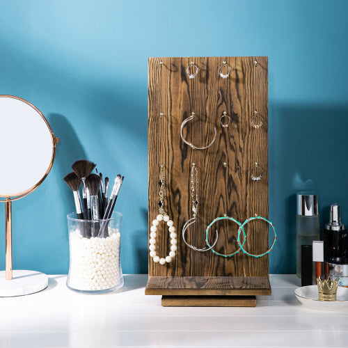 Rotating Rustic Burnt Wood Jewelry Stand w/ Hooks-MyGift