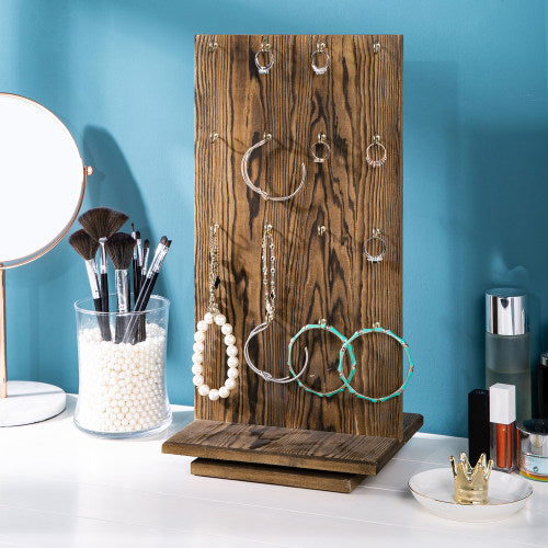 Rotating Rustic Burnt Wood Jewelry Stand w/ Hooks-MyGift