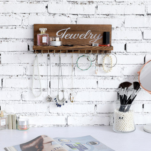 Dark Brown Burnt Wood Jewelry Shelf w/ Cursive Writing-MyGift