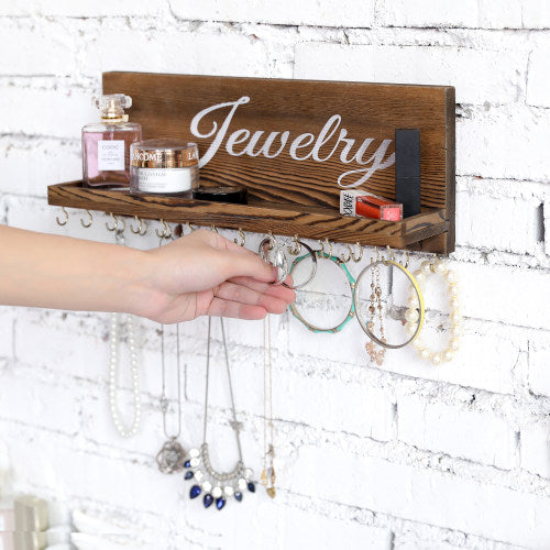 Dark Brown Burnt Wood Jewelry Shelf w/ Cursive Writing-MyGift