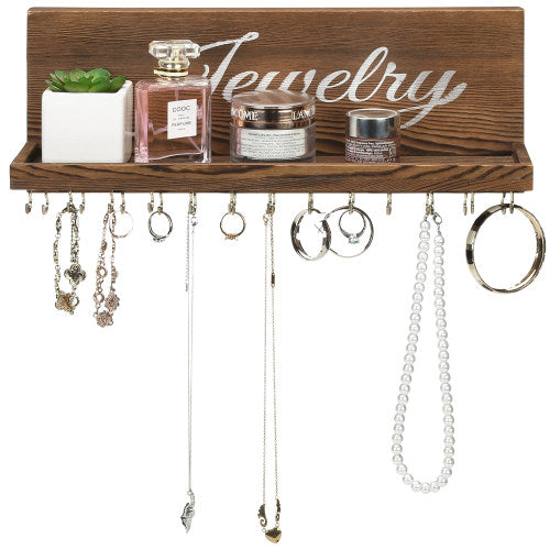 Dark Brown Burnt Wood Jewelry Shelf w/ Cursive Writing-MyGift