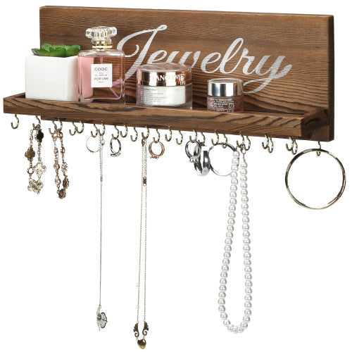 Dark Brown Burnt Wood Jewelry Shelf w/ Cursive Writing-MyGift