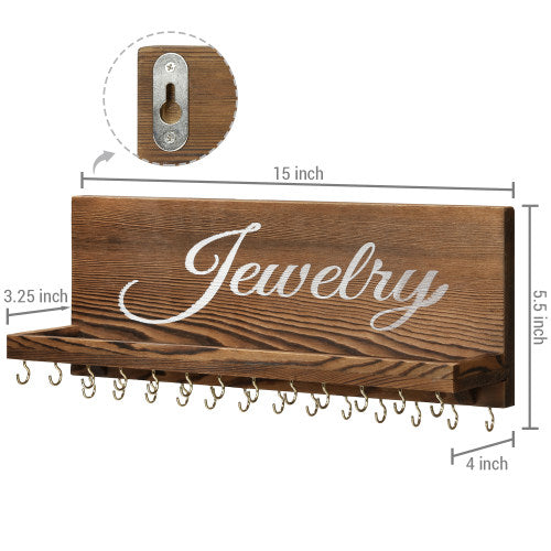 Dark Brown Burnt Wood Jewelry Shelf w/ Cursive Writing-MyGift