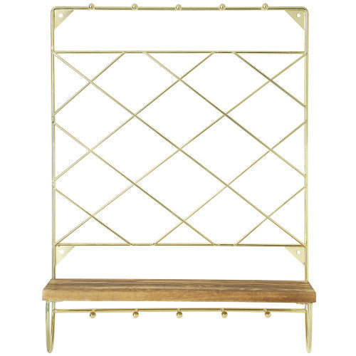 Brass Tone Metal Wire & Burnt Wood Jewelry Organizer w/ Shelf-MyGift