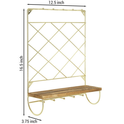 Brass Tone Metal Wire & Burnt Wood Jewelry Organizer w/ Shelf-MyGift